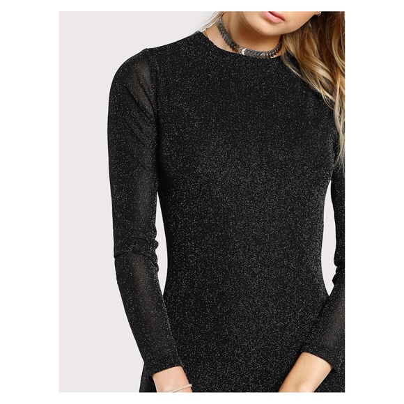 Black Silver Glitter Long Sleeve Bodycon Dress - Picture 4 of 5